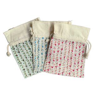 24 Floral Flower Patterned Cotton Fabric Gift Jewelry Bags Drawstring Cord